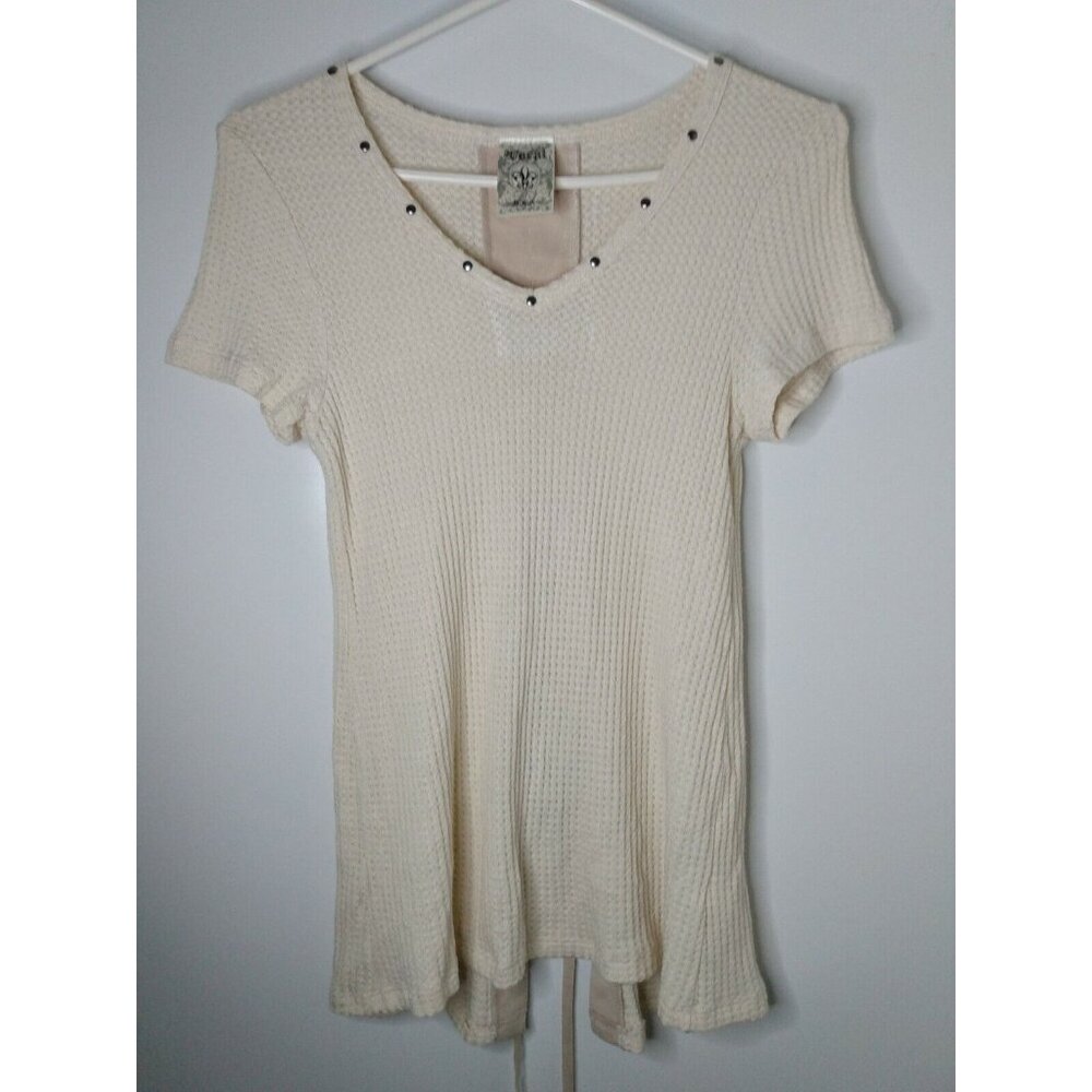 VOCAL Apparel Women Sz S Cream Lace Up Back Waffle Knit V Neck Short Sleeve Top